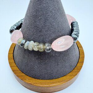 Pink & Gray Quartz Stretchy Beaded Design Bracelet One Size